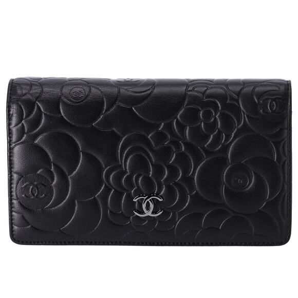CHANEL Camellia Long Bifold Wallet A36544 Black Lambskin Leather - Picture 1 of 7